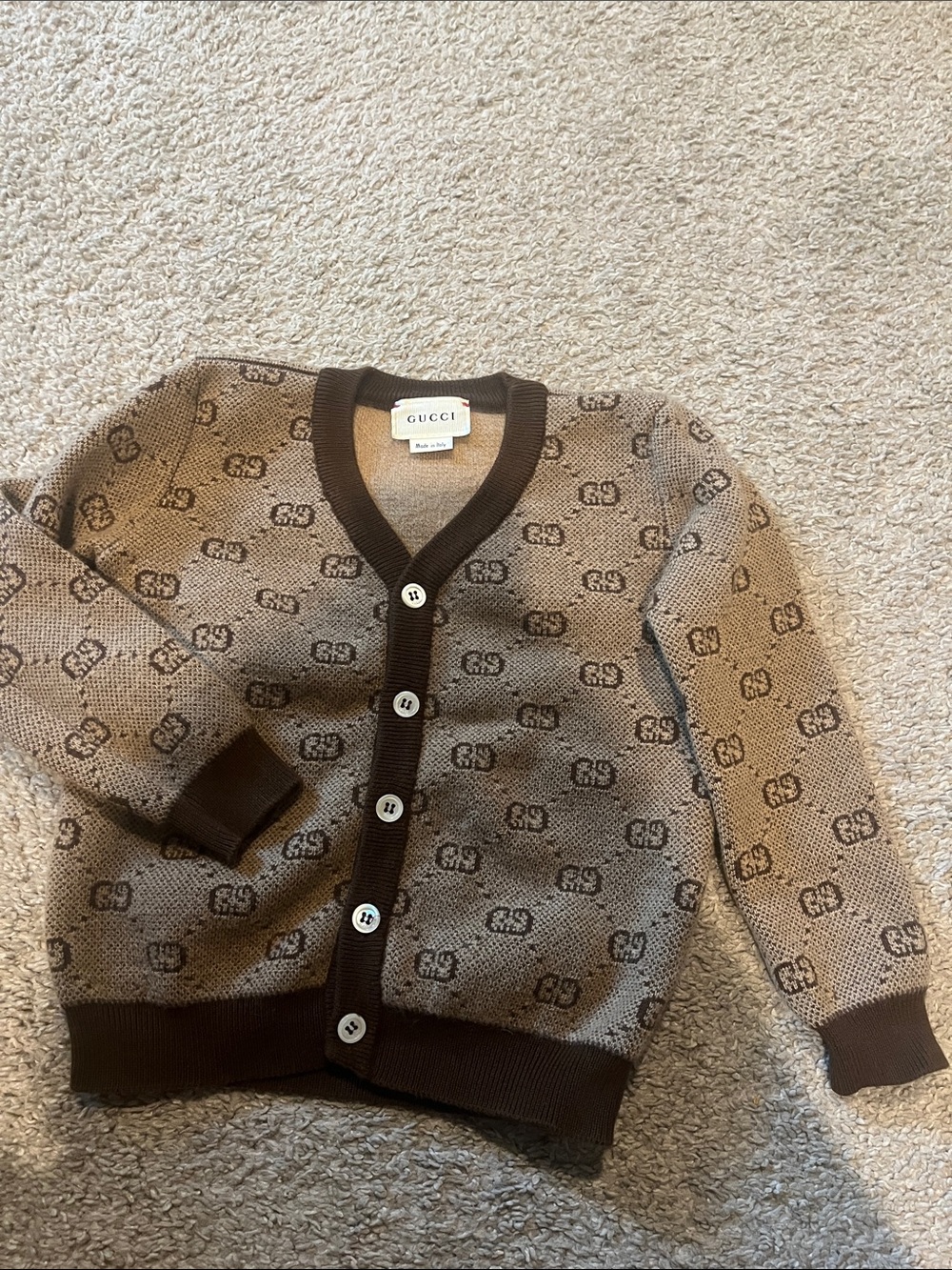 Gucci Brown Monogram baby Kids Cardigan Jacket with Dark Brown Trim